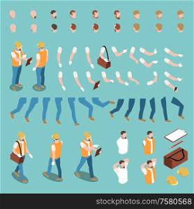 Male builder character constructor with uniform hand gestures legs hair 3d isometric isolated vector illustration