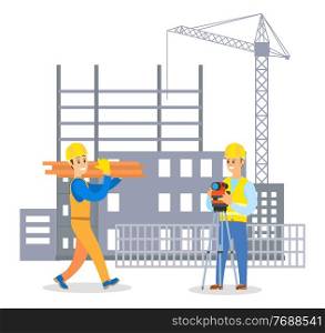 Male builder in uniform and hard hat communicating with man foreman on building construction background flat vector illustration. Workers professioanal engineer and surveyor makes measurements. Male builder in uniform and hard hat communicating with man foreman on building construction
