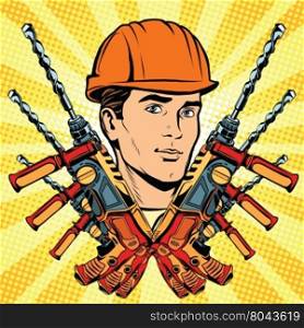Male Builder work and electric drill, pop art retro vector. Profession and specialization