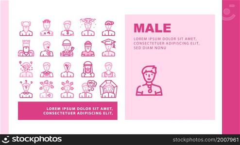 Male Business And Expression Landing Web Page Header Banner Template Vector Madness And Lovely Male, Choice Of Direction And Brain Explosion Man, Childhood, Old Aged Pensioner And Death Illustration. Male Business And Expression Landing Header Vector