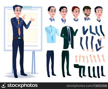 Male Business Character Vector Set. Creation Set body. Business Man Cartoon Character in stylish clothing. Illustration men Office.