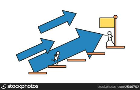 Male businessman climbs the stairs to take the flag. Business concept in process vector illustration