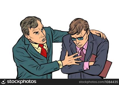 Male businessman consoling colleague. Pop art retro vector illustration drawing vintage kitsch. Male businessman consoling colleague