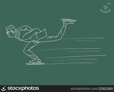 male businessman cross-country skating speed race, winter sports. Comic Cartoon Kitsch Vintage Hand Drawing Illustration. male businessman cross-country skating speed race, winter sports