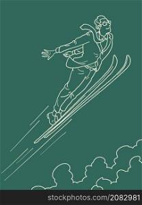 male businessman jump from ski jump, winter sports. Comic Cartoon Kitsch Vintage Hand Drawing Illustration. male businessman jump from ski jump, winter sports
