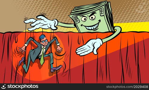 male businessman puppet on ropes, money dollars control and management, boss and subordinate office clerk. Comic cartoon vintage retro hand drawing illustration. male businessman puppet on ropes, money dollars control and management, boss and subordinate office clerk