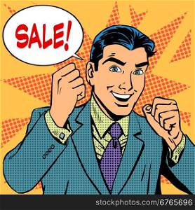 Male businessman sale sales discount store shopping. Male businessman sale sales discount store shopping. Retro style pop art