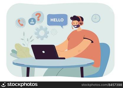Male call center operator in headset working on laptop. Man in headphones at table flat vector illustration. Customer service or support, communication concept for website design or landing page