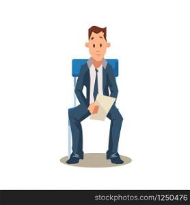 Male Candidate Sit on Chair before Job Interview. Vacancy. Office Recruitment. Employee Character in Formal Wear Hold Resume. Pensive Jobseeker Wait. Cartoon Flat Vector Illustration. Male Candidate Sit on Chair before Job Interview