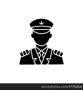 Male captain black glyph icon. Person controling all cruise crew. Providing best service for customers. Providing best service. Silhouette symbol on white space. Vector isolated illustration. Male captain black glyph icon