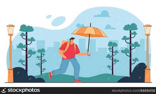 Male cartoon character running in rain with umbrella. Man in city park while raining flat vector illustration. Weather, autumn, seasons concept for banner, website design or landing web page