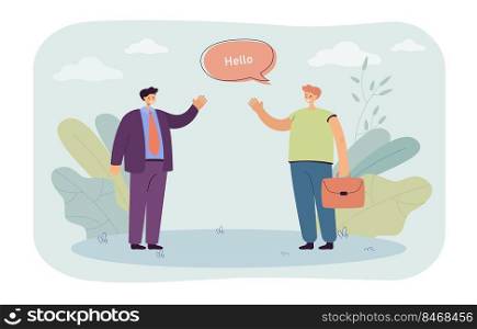 Male cartoon colleagues greeting at work. Coworkers saying hello and waving flat vector illustration. Communication, cooperation, friendship concept for banner, website design or landing web page