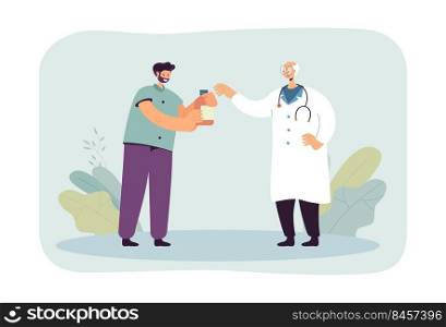 Male cartoon patient receiving medication from elderly doctor. Medical professional giving pills to man flat vector illustration. Medicine, health concept for banner, website design or landing page