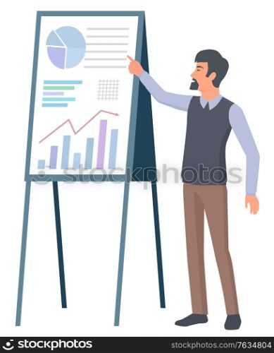 Male character and business project development. Business guy presenting report with statistical growth, management and cooperation concept. Vector illustration in flat cartoon style. Male Character and Business Project Development