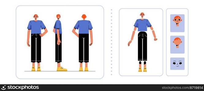 Male character animation personage side, rear, front view and emotions. Young caucasian man body and face construction. Cartoon redhead guy wear t-shirt and black pants, Line art flat vector set. Male character animation, personage construction