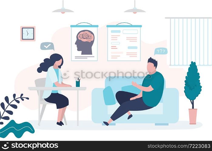 Male character at psychotherapist appointment. Psychologist talking to patient in cabinet. Health care, neurology and treatment concept. Psychiatrist consultation. Trendy flat vector illustration. Male character at psychotherapist appointment. Psychologist talking to patient in cabinet. Health care, neurology and treatment concept