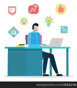 Male character at table with laptop and headset, office worker in headphones with microphone vector. Programming and business management, startup icons. Man at table working on computer illustration. Business and Startup, Man in Headset at Laptop