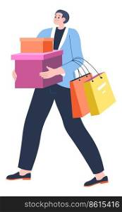 Male character carrying bags and gift boxes from shop. Discounts and sale in stores. Man returning from supermarket with purchase. Shopping activity, leisure time fun or hobby. Vector in flat style. Man carrying bags and boxes from shops shopping