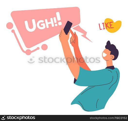 Male character chatting, communicating online and expressing emotions and ideas. Man likes content, sticker of ugh feeling. Social media and reaction on bad internet pages. Vector in flat style. Ugh expression, male character chatting in web