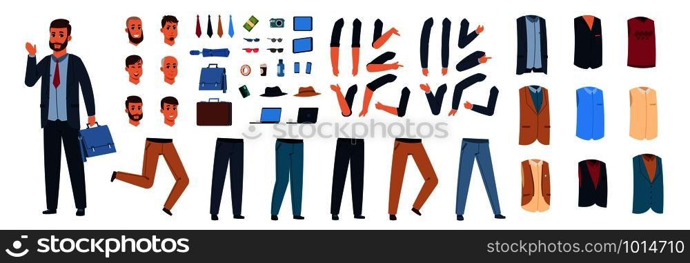 Male character constructor. Cartoon animation kit with different body parts, emotional face expression and classy clothes. Vector stylish elegant businessman avatar with sunglasses laptop hat set. Male character constructor. Cartoon animation kit with different body parts and classy clothes. Vector businessman avatar