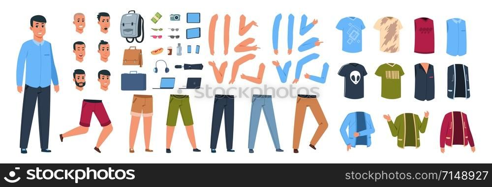 Male character constructor. Cartoon guy with set of different casual clothes and body parts with poses and gestures. Vector animation kit elements man collection on white background. Male character constructor. Cartoon guy with set of different clothes and body parts with poses and gestures. Vector animation kit