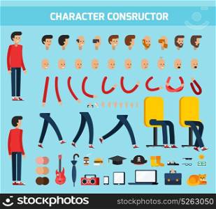 Male Character Constructor Flat Composition. Colored isolated male character constructor flat composition with character constructor headline vector illustration