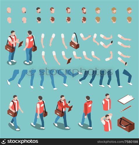 Male character constructor set with various haircuts body gestures and accessories for work isolated on blue background 3d isometric vector illustration