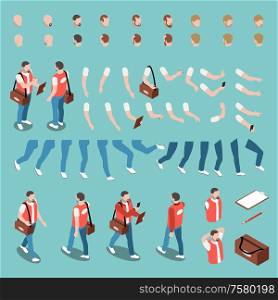 Male character constructor set with various haircuts body gestures and accessories for work isolated on blue background 3d isometric vector illustration