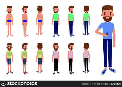 Male character constructor with spare outfits. Guy in swimming trunks and casual summer clothes. Man with cup of coffee vector illustrations set.. Male Character Constructor with Spare Outfits
