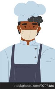 Male character cook using face mask for covid 19 during pandemic vector isolated illustration. Man kitchener follows quarantine rules against spread of virus, takes care of his health and colleagues. Male character cook using face mask for covid 19 during pandemic vector isolated illustration