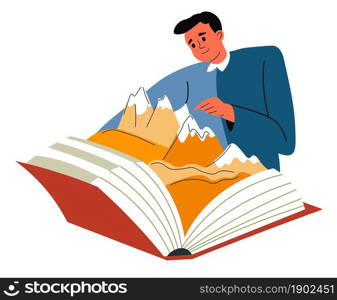 Male character discovering and exploring world by reading books and textbooks. Man showing mountains from publication. Geographic information for students to learn for lesson. Vector in flat style. Discovering world while reading books publication