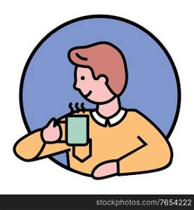 Male character drinking hot beverage from cup looking aside. Personage in circle isolated boy profile. Portrait of guy in line style. Kid enjoying coffee or tea. Young people outline, vector in flat. Boy Drinking Tea or Coffee Hot Beverage Vector