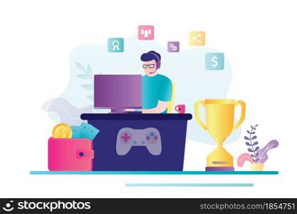 Male character earns on esports at home. Cybersport player plays in video games at computer. Concept of competition, cyber sport and professional gamer. Banner in trendy style.Flat vector illustration. Male character earns on esports at home. Cybersport player plays in video games at computer. Concept of competition, cyber sport and professional gamer