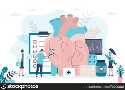 Male character examines heart with magnifying glass. Team of doctors treats cardiovascular system. ?ardiologist holds syringe with medicine. Concept of healthcare and checkup. Flat vector illustration. Male character examines heart with magnifying glass. Team of doctors treats cardiovascular system