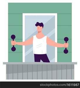 Male character exercising on balcony, coronavirus quarantine activities. Self isolation of people and lockdown. Man with sports equipment for keeping fit. Working out personage, vector in flat style. Active man working out with equipment on balcony, quarantine activities