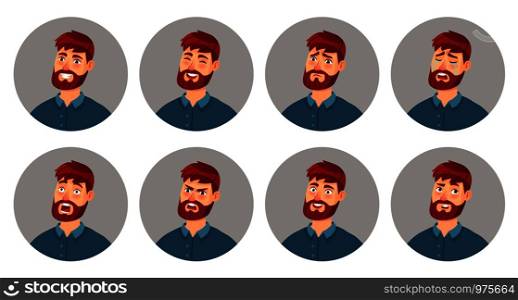 Male character facial emotions. Happy smiling man face, angry expression and different emotion faces. Men expressions avatar or emoticon portrait. Cartoon vector illustration isolated icons set. Male character facial emotions. Happy smiling man face, angry expression and different emotion faces cartoon vector illustration set