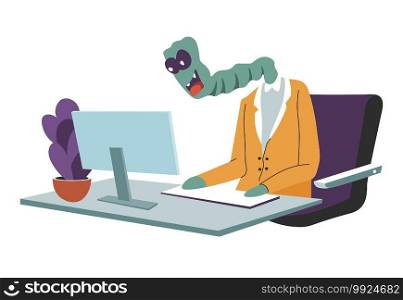 Male character from outer space, extraterrestrial personage with long neck working on laptop. Male alien sitting by computer and typing. Worker from humanoid civilization, vector in flat style. Alien character in office working on laptop vector