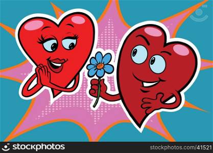 Male character gives a woman flowers, red hearts Valentines, pop art retro comic book illustration. Love couple male and female character