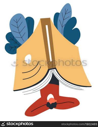 Male character hanging from book, man reading literature publication enjoying process. Hobby of bookworm. Notebook with plants and decorative foliage and amused reader. Vector in flat style. Reading books and interesting stories hobby vector