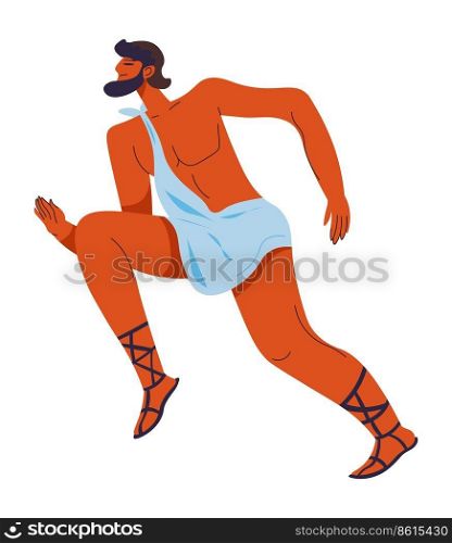 Male character in ancient rome or greece doing sports and practicing athletics. Preparing for taking part in competition, Olympic marathon. Jogging fast and speedy personage. Vector in flat style. Ancient sports in rome and greece, athletic man