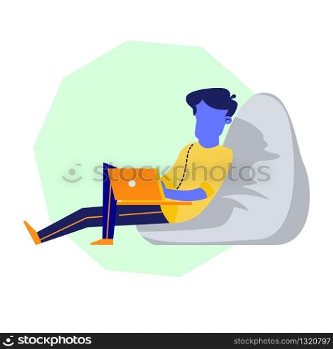 Male Character in Beanbag Chair Working on Laptop. Successful Young Student or Freelance Businessman in Casual Outfit Sit with Computer on Lap, Work. Cartoon Flat Vector Illustration. Male Character in Beanbag Chair Working on Laptop