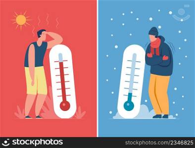 Male character in hot and cold weather with outdoor thermometer. Person sweating or freezing, summer vs winter season vector illustration. Extreme weather conditions, outside temperature. Male character in hot and cold weather with outdoor thermometer. Person sweating or freezing, summer vs winter season vector illustration