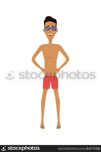 Male Character in Shorts and Sunglasses. Male character in shorts and sunglasses vector flat design illustration. Smiling man ready for summer vacation ant beach entertainments standing isolated on white background.