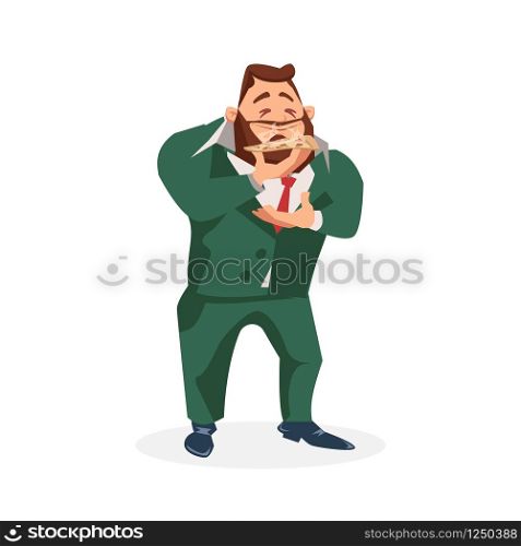 Male Character in Suit Smell Slice of Tasty Pizza. Peaceful Office Worker Eat Unhealthy Lunch at Work. Man Have Italian Junk Food for Dinner Break. Flat Cartoon Vector Illustration. Male Character in Suit Smell Slice of Tasty Pizza