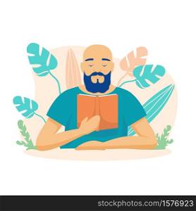 Male character is reading a book. Bald bearded man looks through science fiction in library with interest learning new knowledge discovering opportunities for self education pleasant vector leisure.. Male character is reading a book. Bald bearded man looks through science fiction in library with interest.