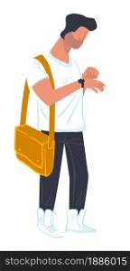 Male character looking at watch, hurrying to work, university or college. Student or worker with handbag, waiting alone. Teenager or adult preparing for lessons classes, vector in flat style. Student male character hurrying for lesson in university