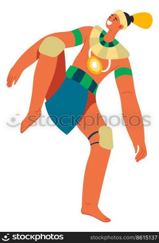 Male character of maya or inca civilization, isolated aztec man wearing traditional typical clothes with feather, ribbons and ornaments. Man dancing or performing ritual. Vector in flat style. Aztec or mayan man, inca ethic male character