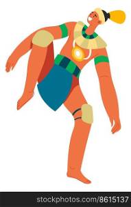 Male character of maya or inca civilization, isolated aztec man wearing traditional typical clothes with feather, ribbons and ornaments. Man dancing or performing ritual. Vector in flat style. Aztec or mayan man, inca ethic male character
