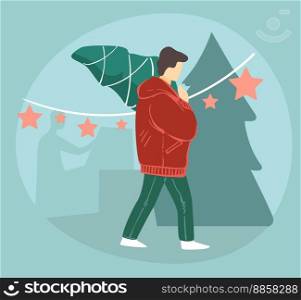 Male character preparing for xmas holidays, man carrying tree with garlands and baubles. Christmas and new year celebration. Buying pine from market, winter seasonal festivity. Vector in flat style. Man carrying pine tree from market, xmas holiday