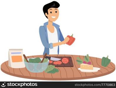 Male character preparing salad using vegetarian ingredients. Proper nutrition, healthy lifestyle and vegetarianism concept. Process of cooking vegetarian food. Guy cuts vegetables for healthy dish. Man preparing salad using vegetarian ingredients. Guy adheres to proper nutrition and vegetarianism
